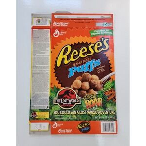Vintage 1997 Reese's Peanut Butter Puffs Cereal Box The Lost World Jurassic Park